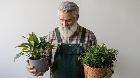 A man with a beard holding two potted plants in his hands, AIの素材