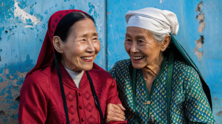 Two women in traditional clothing smile at each other, AIの素材