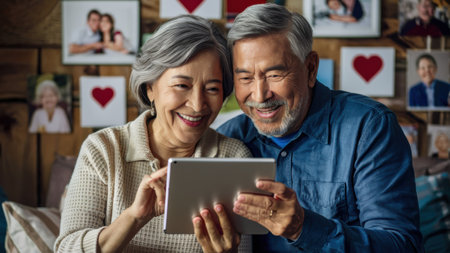 An older couple is looking at a tablet computer together, AIの素材
