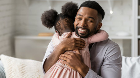 A man hugging a little girl on the couch, AIの素材