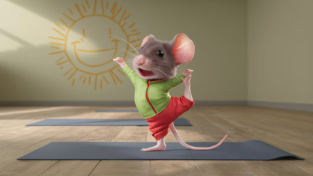 A cartoon mouse doing yoga on a mat in front of the sun, AIの素材