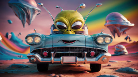A cartoon alien car with a big smile on its face, AIの素材