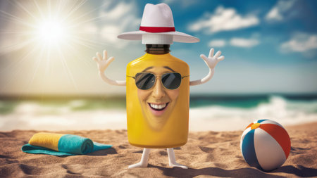 A cartoon character is standing on a beach with sunglasses and hat, AIの素材