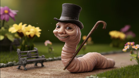 A cartoon worm with top hat and cane in a garden, AIの素材