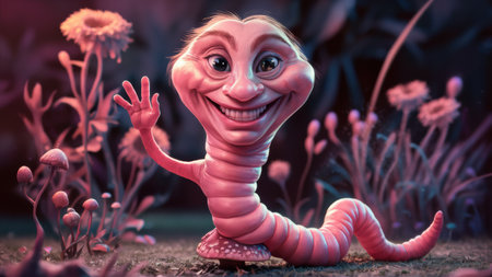 A cartoon worm with a big smile and waving hand, AIの素材