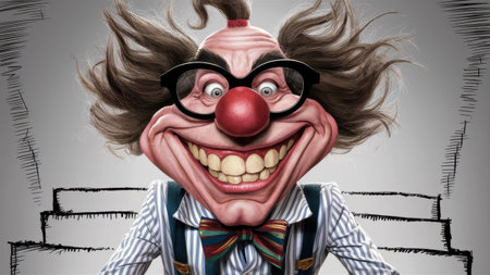 A cartoon clown with big red hair and glasses sitting on stairs, AIの素材