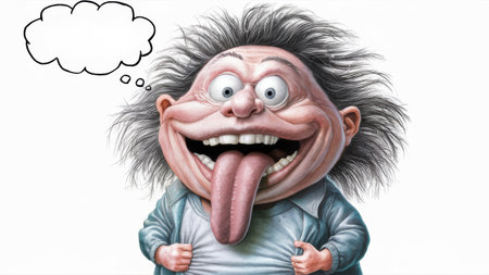 A cartoon character with a long tongue and thought bubble, AIの素材