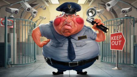 A cartoon fat cop holding a magnifying glass in front of jail bars, AIの素材
