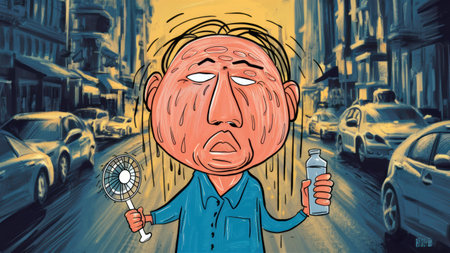 A cartoon of a man with water bottle and fan in the city, AIの素材