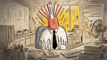 A cartoon image of a melting man in hot office, with a thermometer on his head, AIの素材