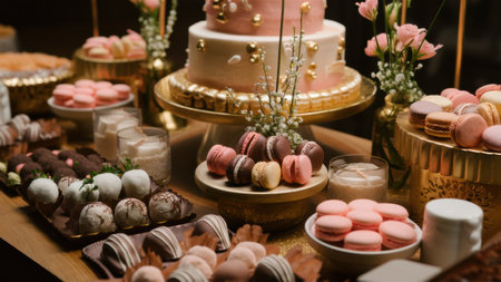 A table topped with a cake and other desserts in gold bowls, AIの素材