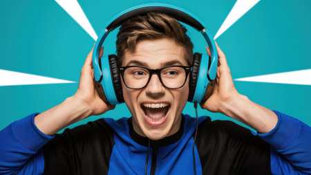 A man with glasses and headphones listening to music, AIの素材