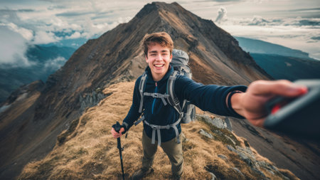 A man with backpack and hiking poles standing on top of a mountain, AIの素材