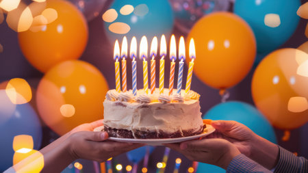 A person holding a cake with lit candles on it in front of balloons, AIの素材
