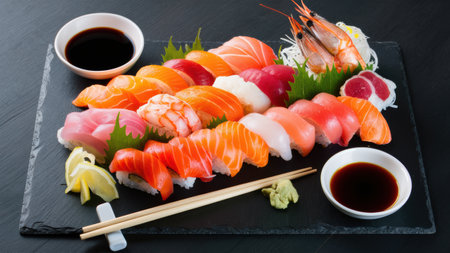 A sushi platter with various types of seafood and dipping sauce, AIの素材