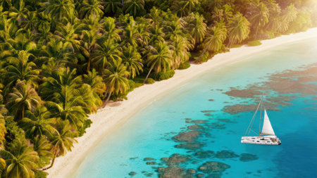 A boat is sailing on a clear blue ocean surrounded by lush green trees, AIの素材