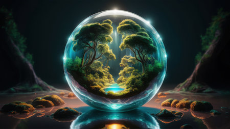 A glass sphere with a forest inside of it and trees, AIの素材