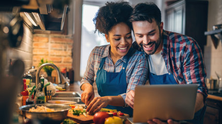 A man and woman cooking together in the kitchen on a laptop, AIの素材