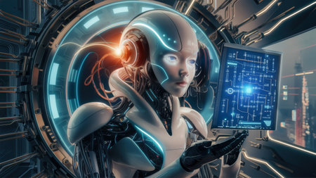 A futuristic female robot holding a computer in her hand, AIの素材