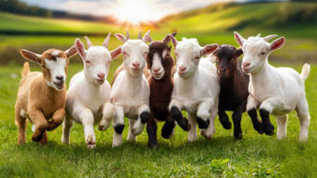 A group of a herd of goats running in the grass, AIの素材