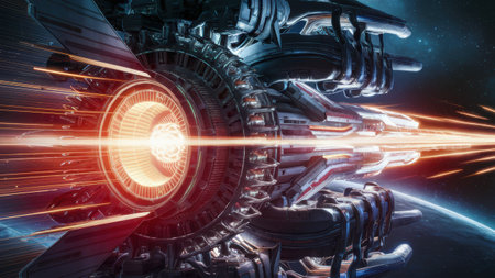 A futuristic spaceship with a large laser shooting out of it, AIの素材