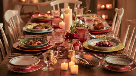 A table with a candle lit dinner set for two, AIの素材