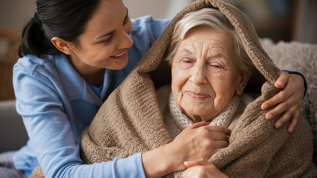 A woman is holding a blanket over an older lady, AIの素材