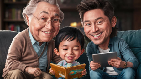 A group of a man and two children are sitting on the couch, AIの素材