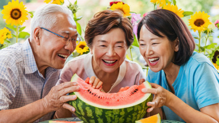 Three people are smiling while eating a watermelon together, AIの素材