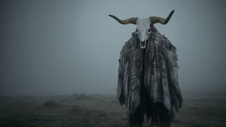 A man dressed in a cloak with horns and feathers standing on top of grass, AIの素材