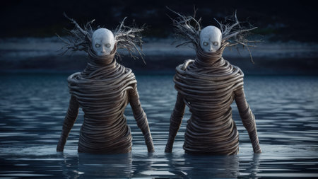 Two statues of a man and woman in the water, AIの素材