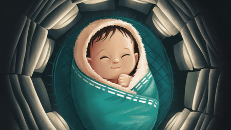 A baby wrapped in a blanket is smiling at the camera, AIの素材
