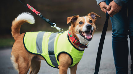 A dog wearing a safety vest standing next to someone, AIの素材