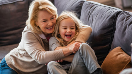 A woman and a little girl hugging on the couch, AIの素材