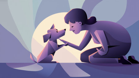 A woman kneeling down to pet a dog in front of her, AIの素材