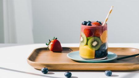 A glass of a fruit smoothie with kiwi, strawberries and blueberries, AIの素材