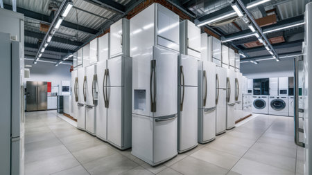 A large room with a lot of white refrigerators and washers, AIの素材
