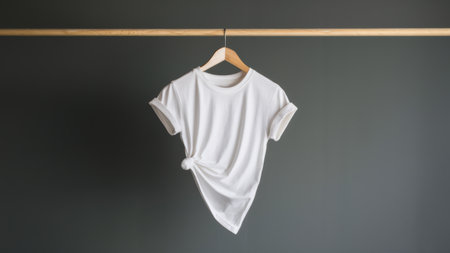 A white t-shirt hanging on a wooden hanger against a gray wall, AIの素材