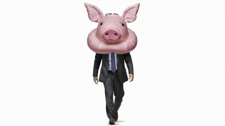 A man in a suit and tie with an inflatable pig head, AIの素材
