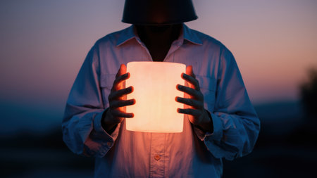 A person holding a light in their hand with the sun behind them, AIの素材