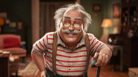 A man with a mustache and glasses holding an umbrella, AIの素材