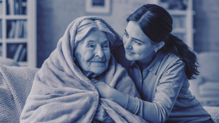 A woman is hugging an elderly lady wrapped in a blanket, AIの素材