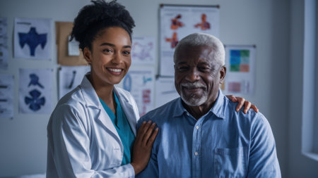 A smiling black man and white woman standing in a hospital room, AIの素材