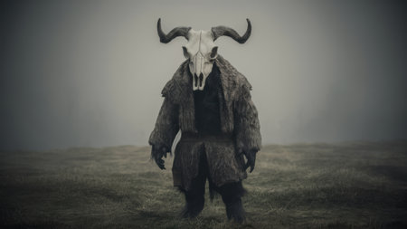 A man in a costume with skull and horns and fur standing on grass, AIの素材