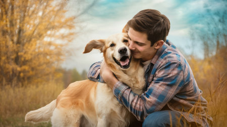 A man hugging a dog in the woods with autumn leaves, AIの素材
