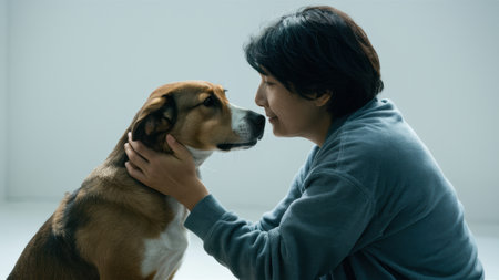 A woman sitting on the floor with a dog in her lap, AIの素材