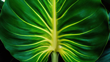 A close up of a large green leaf with yellow and white stripes, AIの素材