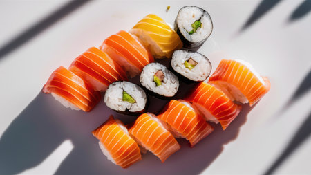 A close up of a group of sushi rolls on white table, AIの素材