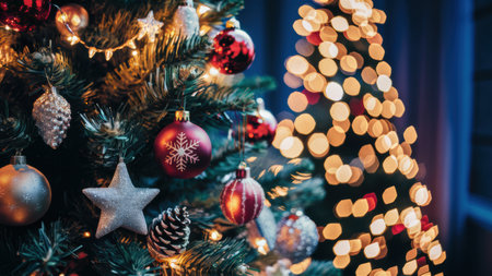 A close up of a christmas tree with ornaments and lights, AIの素材