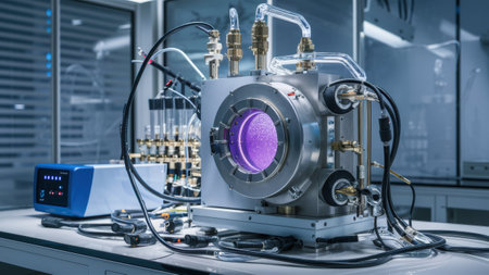 A fictional cold nuclear fusion machine with purple light inside of it on a table, AIの素材